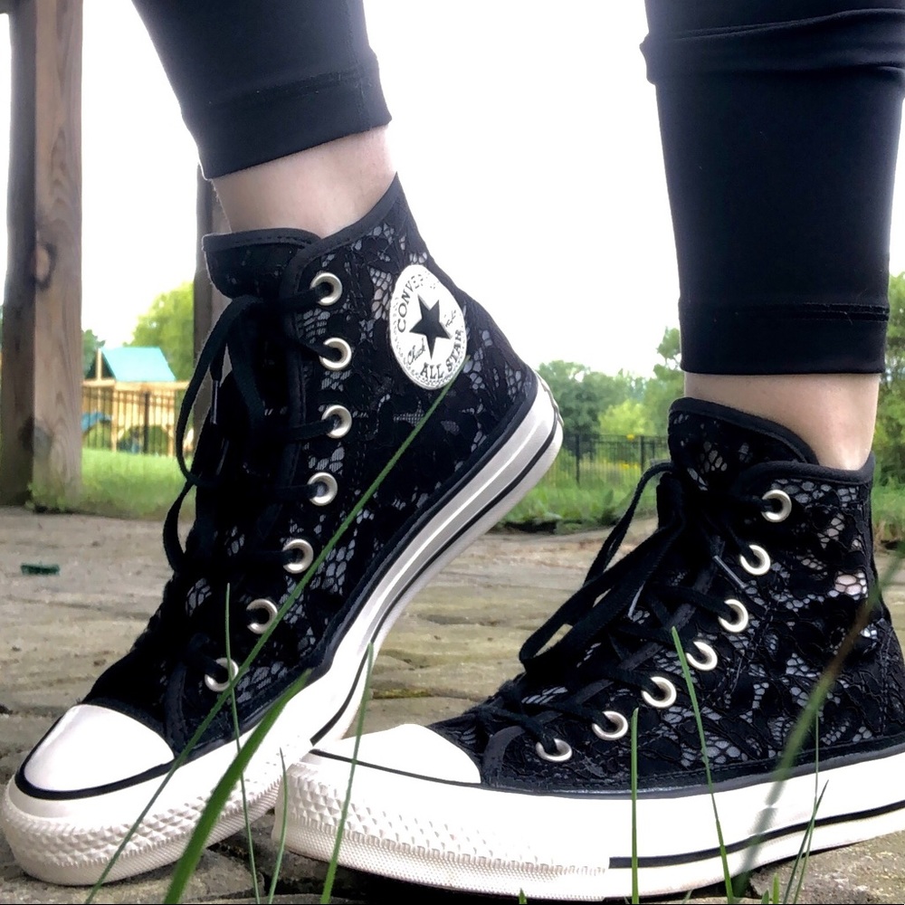 Black lace high top converse